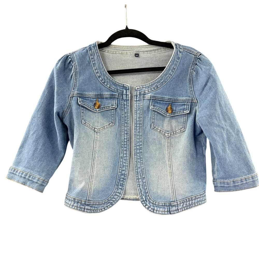 Light Wash Cropped Denim Bolero Jacket Puff Sleeve XS